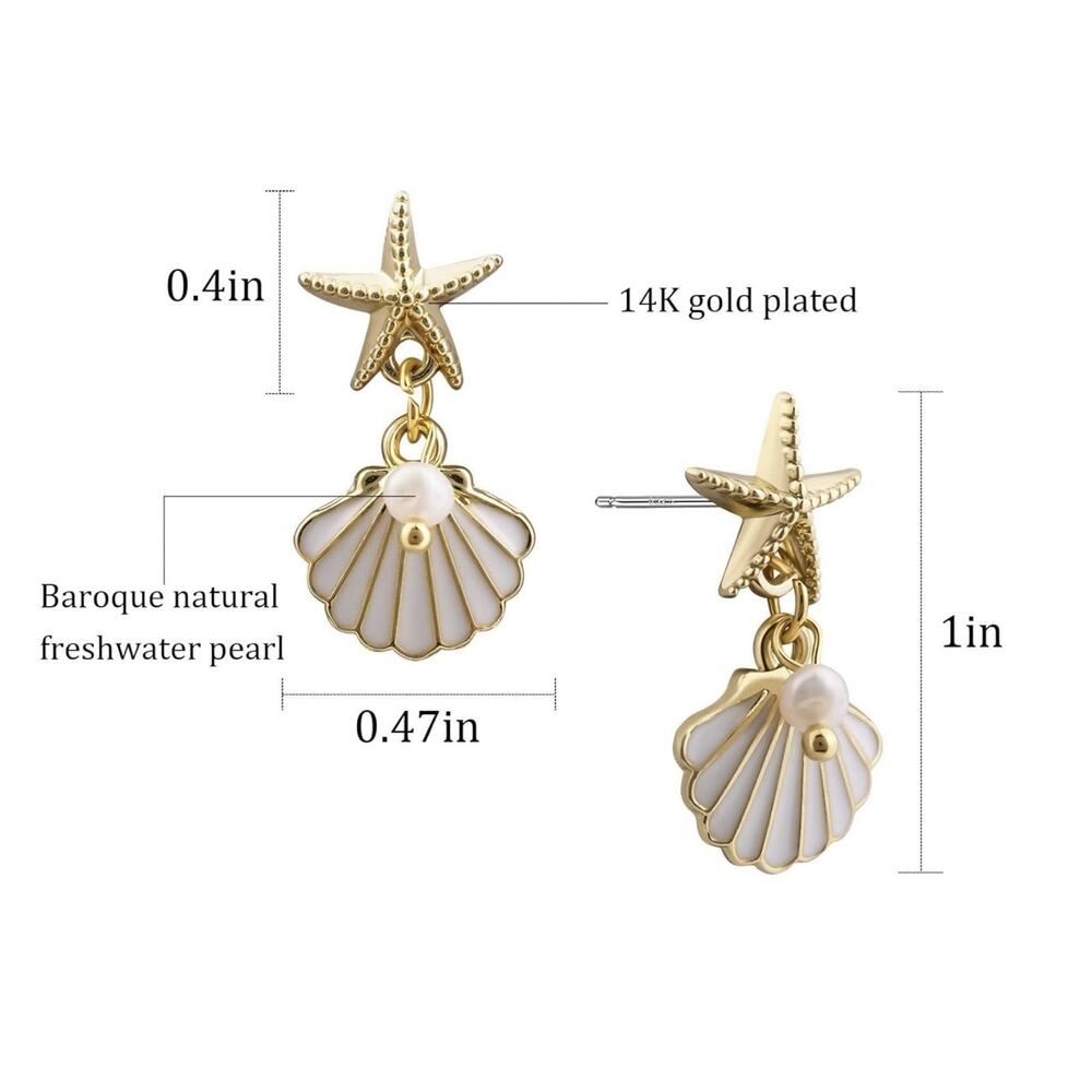 Anthropologie Seashell Earrings Starfish Pearl Gold Shell Boho 14k Plated Stud - Picture 6 of 9